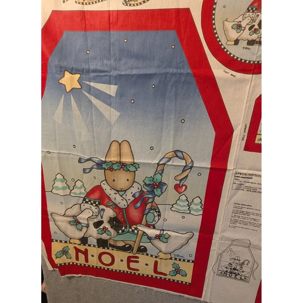 VIP CRANSTON Print Works Noel Christmas Fabric Panel Apron Potholder Bunny 36x44